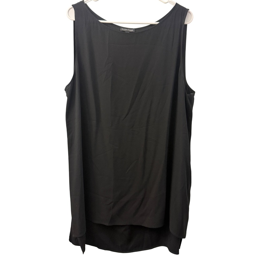 Eileen Fisher Black 100% Silk Sleeveless Tunic Top XL Side Slits High Low Hem